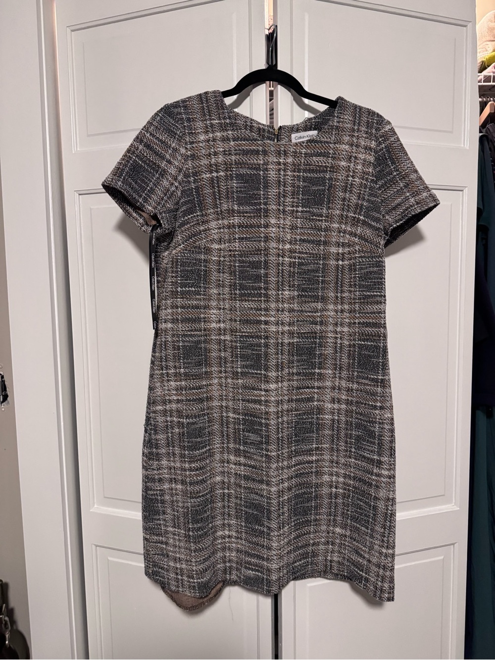 Calvin Klein Orange and Gray Plaid Short-Sleeve Sheath Dress